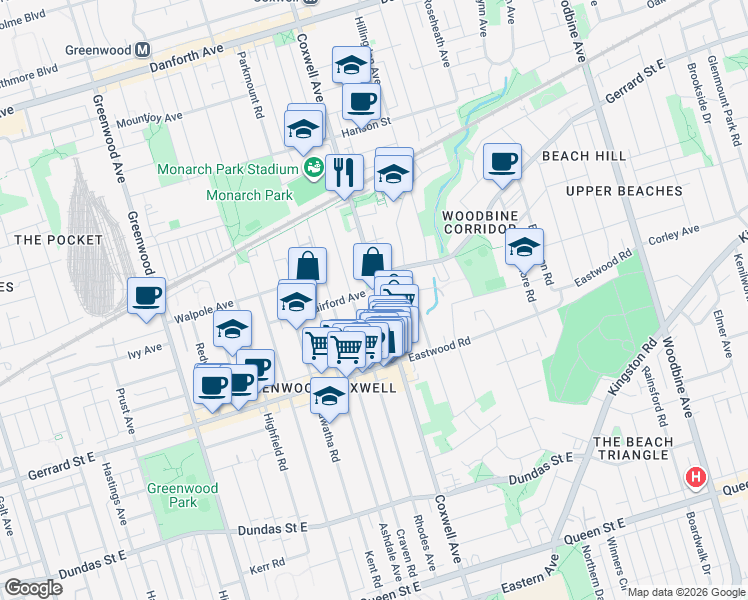 map of restaurants, bars, coffee shops, grocery stores, and more near 344 Coxwell Avenue in Toronto