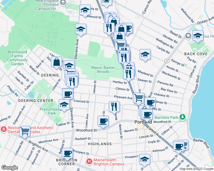 map of restaurants, bars, coffee shops, grocery stores, and more near 76 Hartley Street in Portland