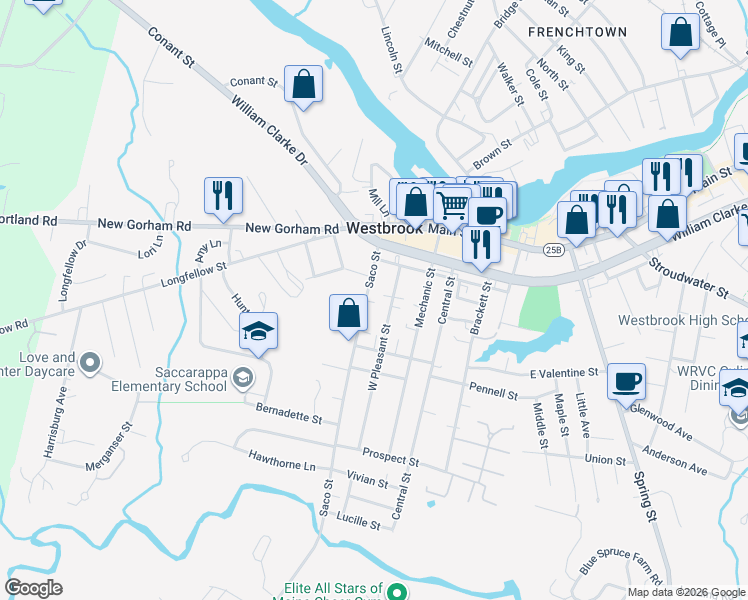 map of restaurants, bars, coffee shops, grocery stores, and more near 42 Saco Street in Westbrook