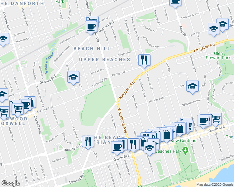 map of restaurants, bars, coffee shops, grocery stores, and more near in Toronto