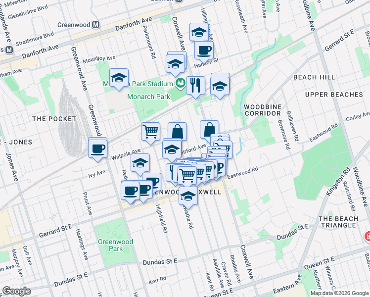 map of restaurants, bars, coffee shops, grocery stores, and more near 371 Ashdale Avenue in Toronto