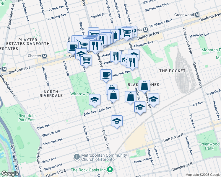 map of restaurants, bars, coffee shops, grocery stores, and more near 567 Pape Avenue in Toronto