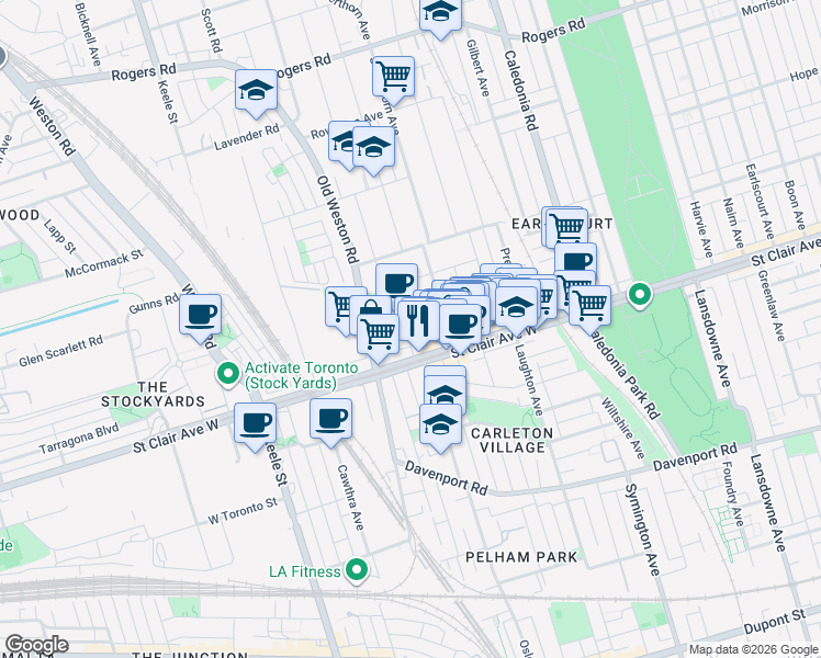 map of restaurants, bars, coffee shops, grocery stores, and more near in Toronto