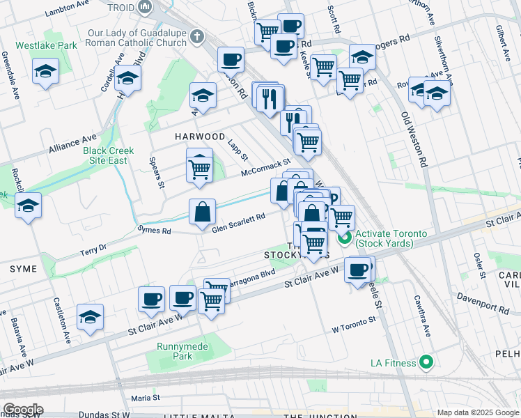 map of restaurants, bars, coffee shops, grocery stores, and more near 55 McCormack Street in Toronto