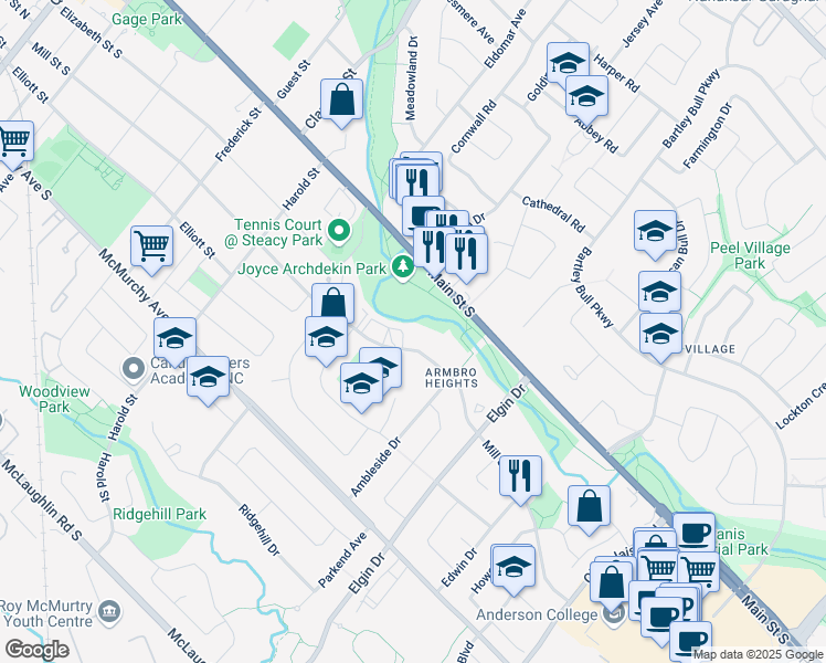 map of restaurants, bars, coffee shops, grocery stores, and more near 186 Main Street South in Brampton