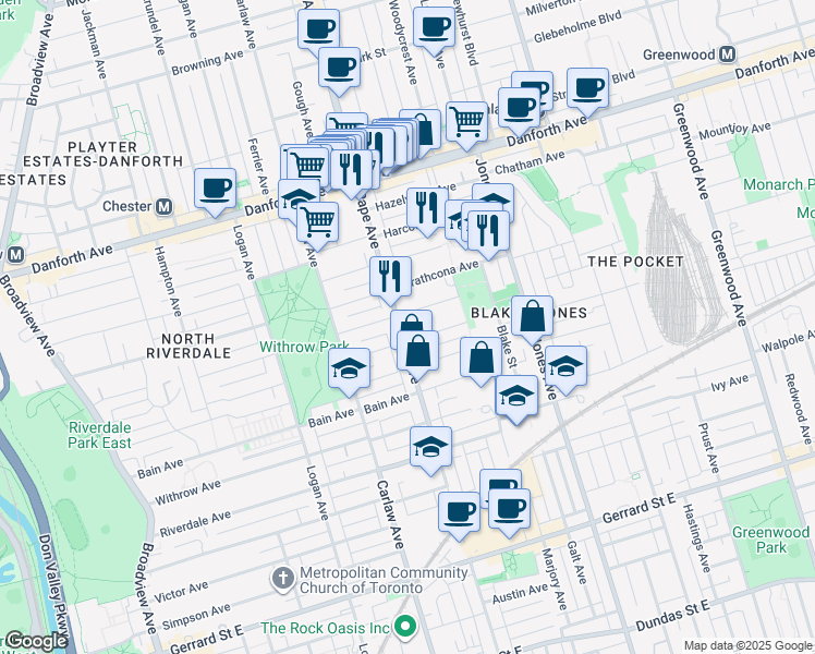 map of restaurants, bars, coffee shops, grocery stores, and more near 567 Pape Avenue in Toronto