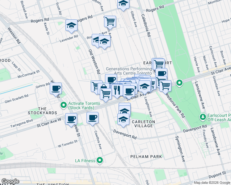 map of restaurants, bars, coffee shops, grocery stores, and more near 35 Cloverdale Road in Toronto