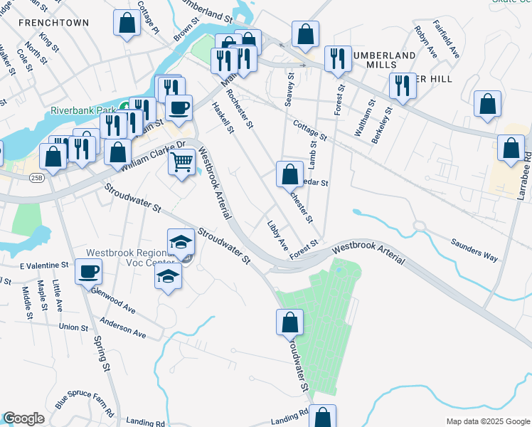 map of restaurants, bars, coffee shops, grocery stores, and more near 27 Lawrence Street in Westbrook