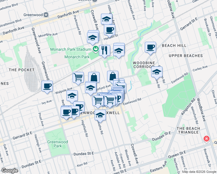 map of restaurants, bars, coffee shops, grocery stores, and more near 361 Rhodes Avenue in Toronto