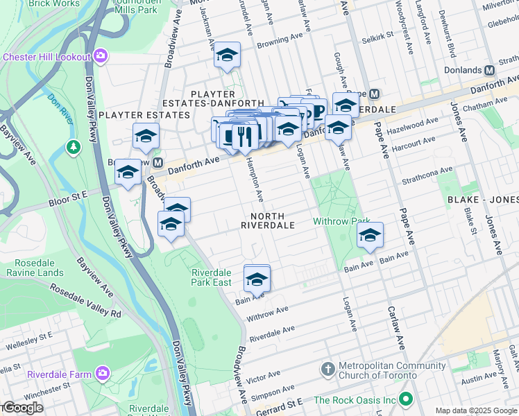 map of restaurants, bars, coffee shops, grocery stores, and more near 100 Hampton Avenue in Toronto