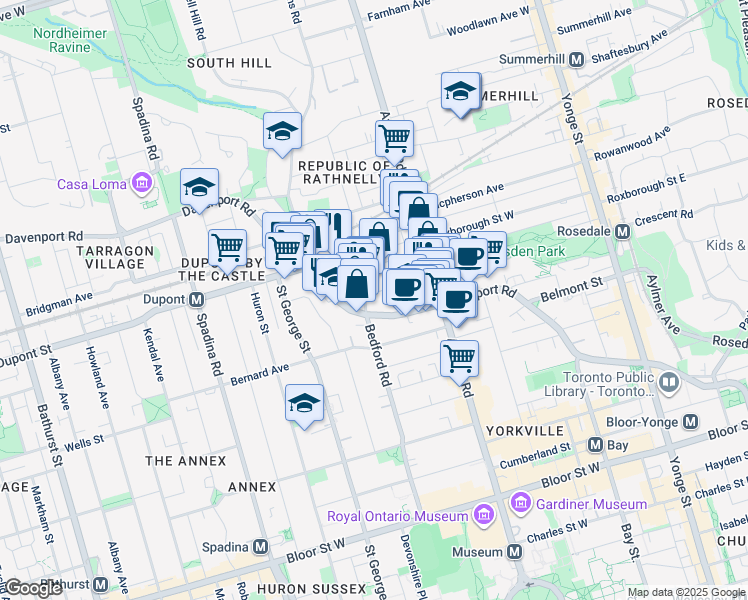 map of restaurants, bars, coffee shops, grocery stores, and more near 175 Pears Avenue in Toronto