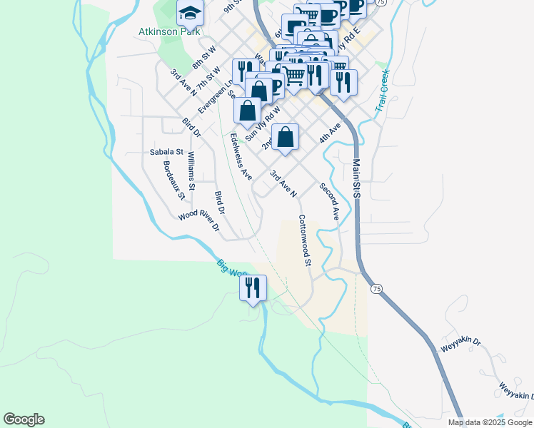 map of restaurants, bars, coffee shops, grocery stores, and more near 110 Wood River Drive in Ketchum