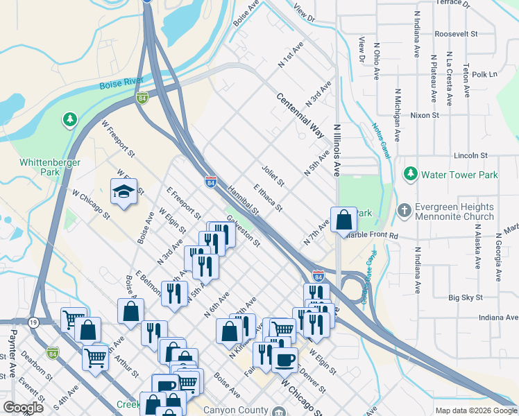 map of restaurants, bars, coffee shops, grocery stores, and more near 325 Hannibal Street in Caldwell