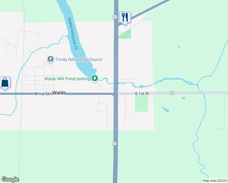 map of restaurants, bars, coffee shops, grocery stores, and more near Wisconsin 57 in Waldo