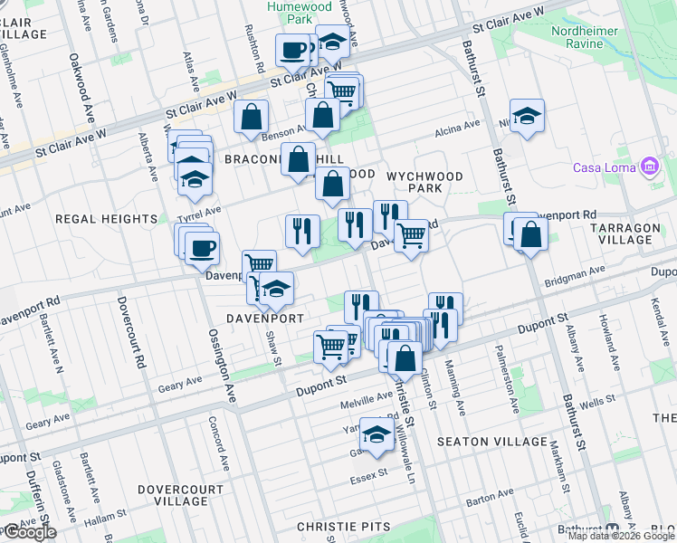 map of restaurants, bars, coffee shops, grocery stores, and more near 26 Hector Avenue in Toronto