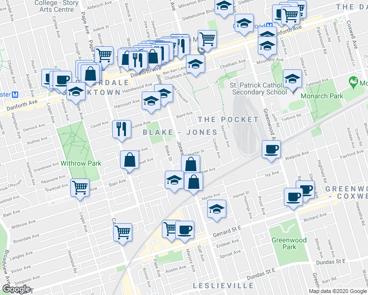map of restaurants, bars, coffee shops, grocery stores, and more near 429 Jones Avenue in Toronto