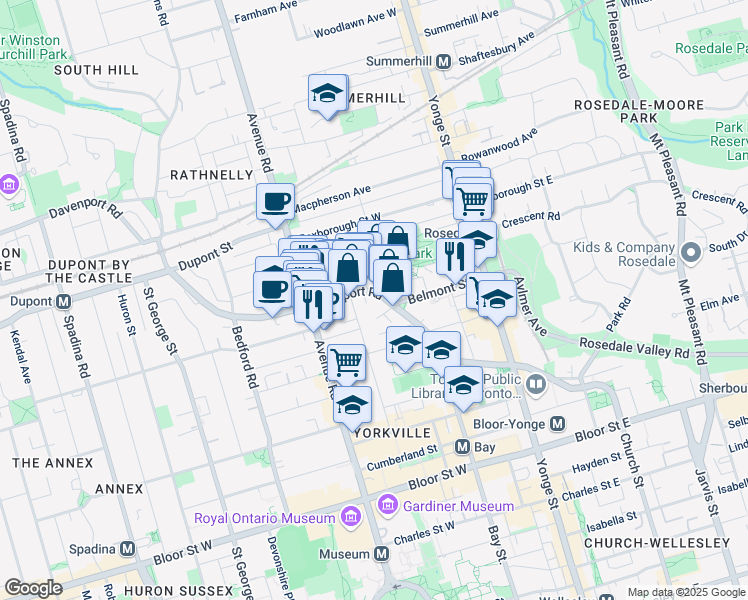 map of restaurants, bars, coffee shops, grocery stores, and more near 30 Hillsboro Avenue in Toronto
