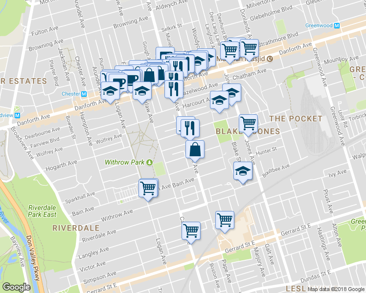map of restaurants, bars, coffee shops, grocery stores, and more near 47 Wroxeter Avenue in Toronto