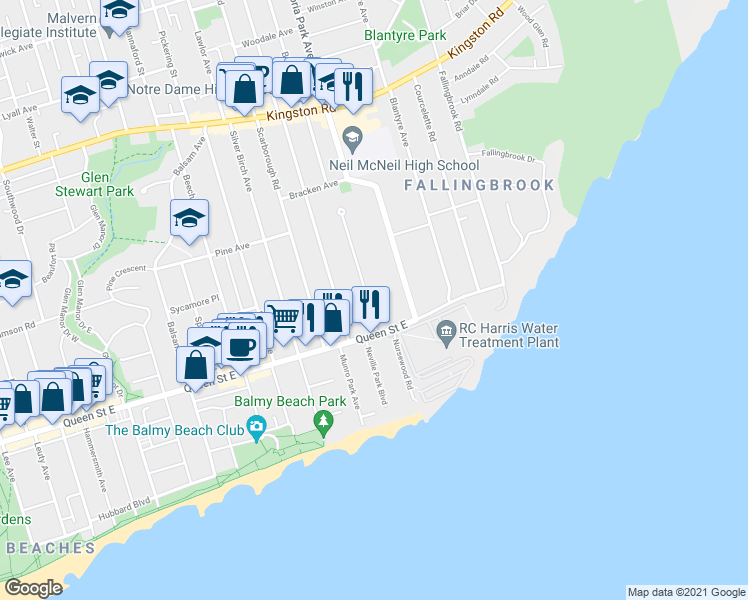 map of restaurants, bars, coffee shops, grocery stores, and more near 107 Neville Park Boulevard in Toronto