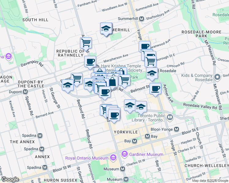 map of restaurants, bars, coffee shops, grocery stores, and more near 133 Hazelton Avenue in Toronto