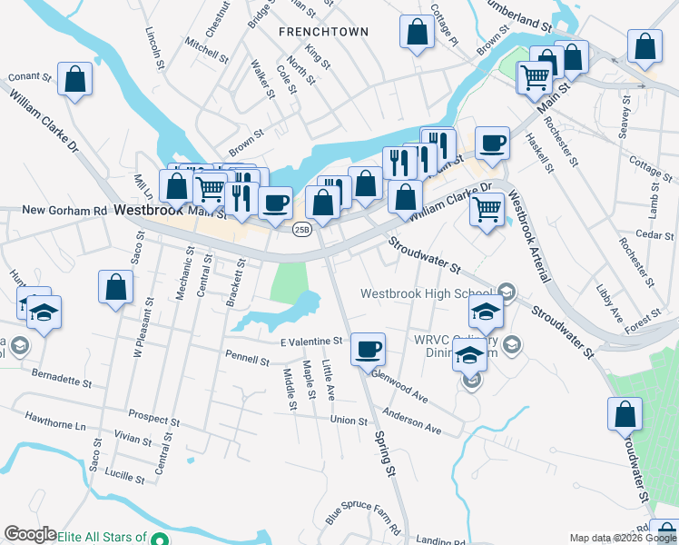 map of restaurants, bars, coffee shops, grocery stores, and more near 33 Pleasant Street in Westbrook