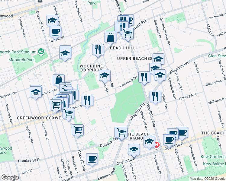 map of restaurants, bars, coffee shops, grocery stores, and more near in Toronto