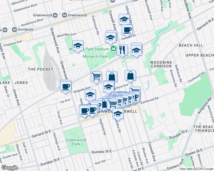 map of restaurants, bars, coffee shops, grocery stores, and more near in Toronto