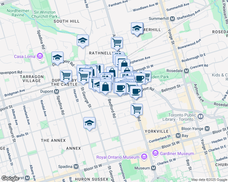 map of restaurants, bars, coffee shops, grocery stores, and more near 160 Pears Avenue in Toronto