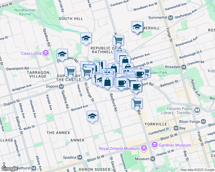 map of restaurants, bars, coffee shops, grocery stores, and more near 160 Pears Avenue in Toronto