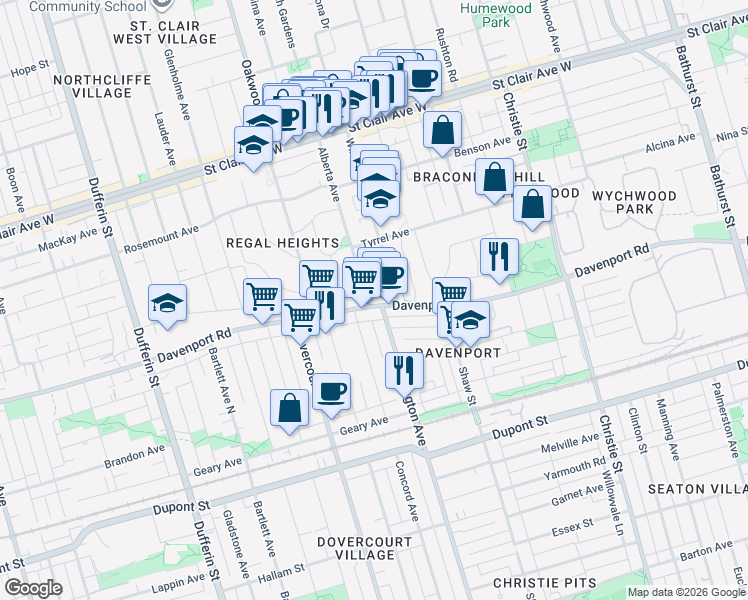 map of restaurants, bars, coffee shops, grocery stores, and more near in Toronto