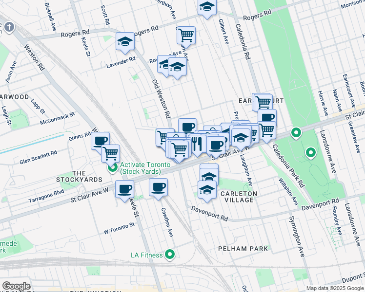 map of restaurants, bars, coffee shops, grocery stores, and more near in Toronto