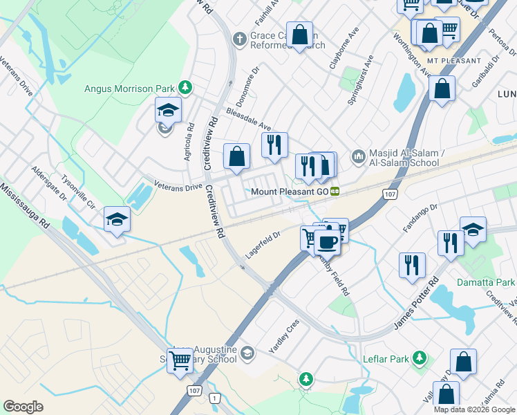 map of restaurants, bars, coffee shops, grocery stores, and more near 55 Baycliffe Crescent in Brampton