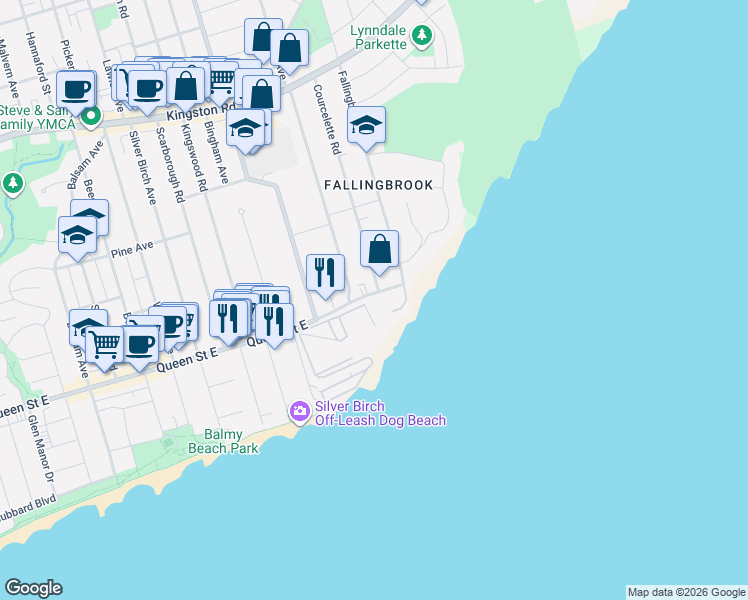 map of restaurants, bars, coffee shops, grocery stores, and more near 3015 Queen Street East in Toronto