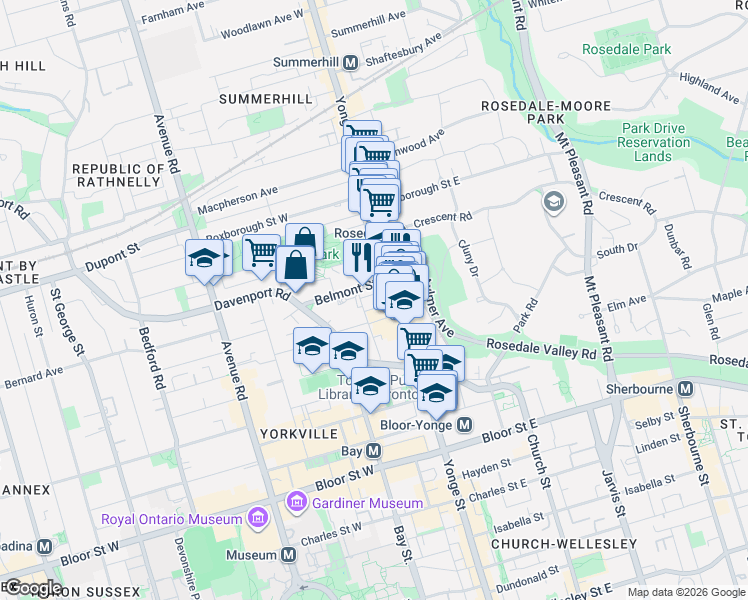 map of restaurants, bars, coffee shops, grocery stores, and more near 77 McMurrich Street in Toronto