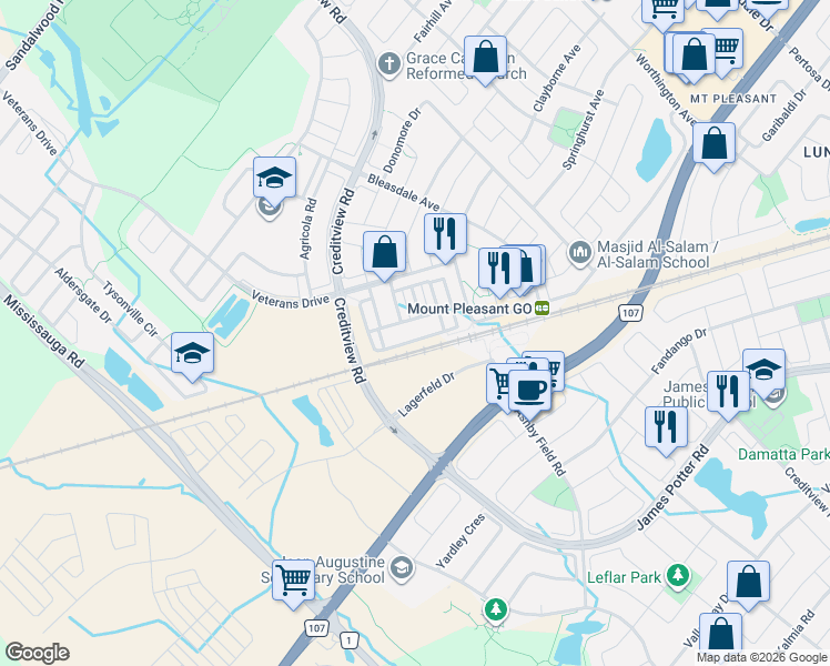 map of restaurants, bars, coffee shops, grocery stores, and more near 57 Baycliffe Crescent in Brampton