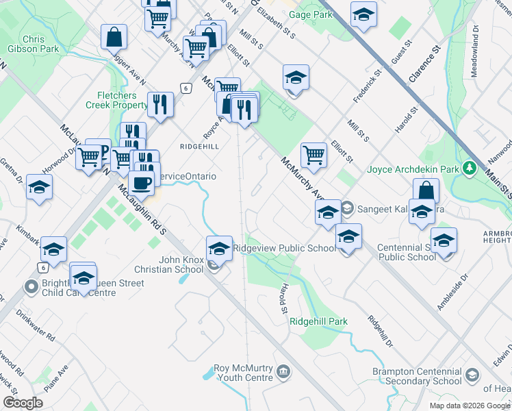 map of restaurants, bars, coffee shops, grocery stores, and more near 62 Corby Crescent in Brampton