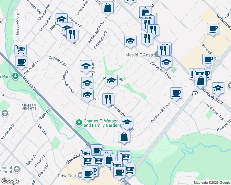 map of restaurants, bars, coffee shops, grocery stores, and more near 16 Palgrave Crescent in Brampton