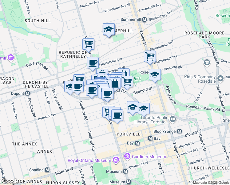 map of restaurants, bars, coffee shops, grocery stores, and more near 128 Hazelton Avenue in Toronto
