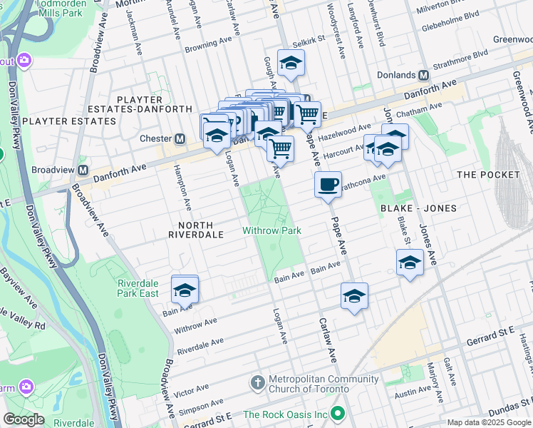 map of restaurants, bars, coffee shops, grocery stores, and more near 725 Logan Avenue in Toronto