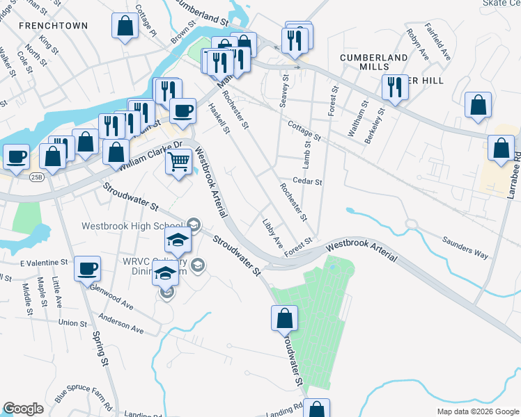 map of restaurants, bars, coffee shops, grocery stores, and more near 137 Haskell Street in Westbrook