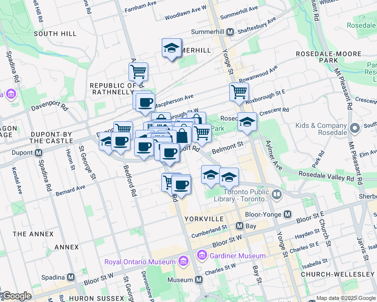 map of restaurants, bars, coffee shops, grocery stores, and more near 193 Davenport Road in Toronto