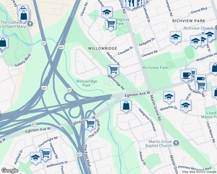 map of restaurants, bars, coffee shops, grocery stores, and more near 10 Willowridge Road in Toronto