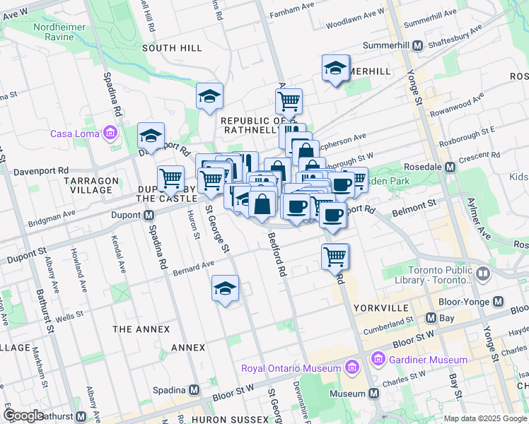 map of restaurants, bars, coffee shops, grocery stores, and more near 160 Bedford Road in Toronto