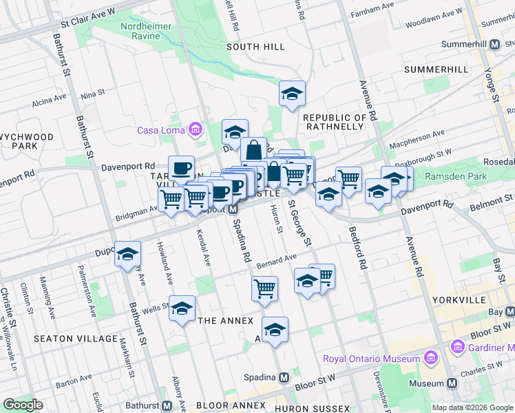 map of restaurants, bars, coffee shops, grocery stores, and more near 209 Madison Avenue in Toronto