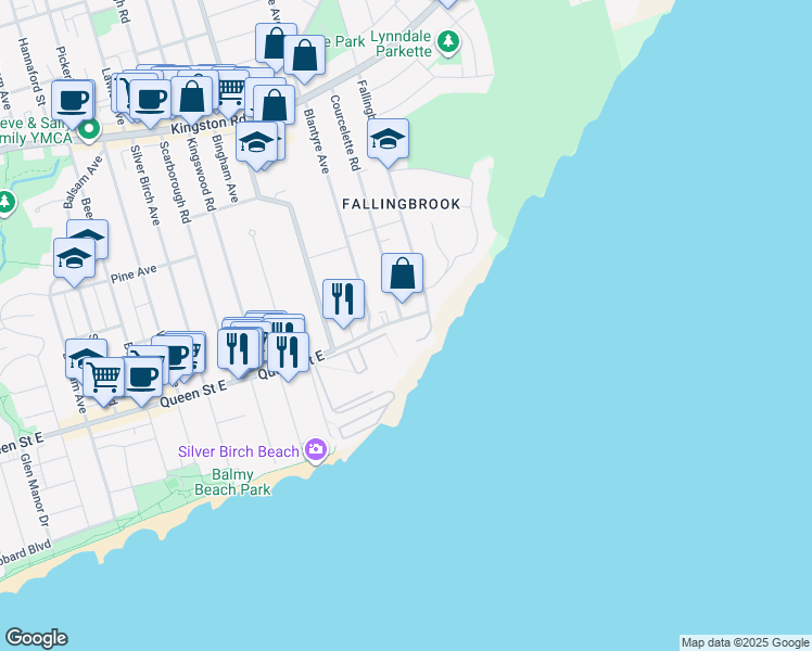 map of restaurants, bars, coffee shops, grocery stores, and more near 3017 Queen Street East in Toronto