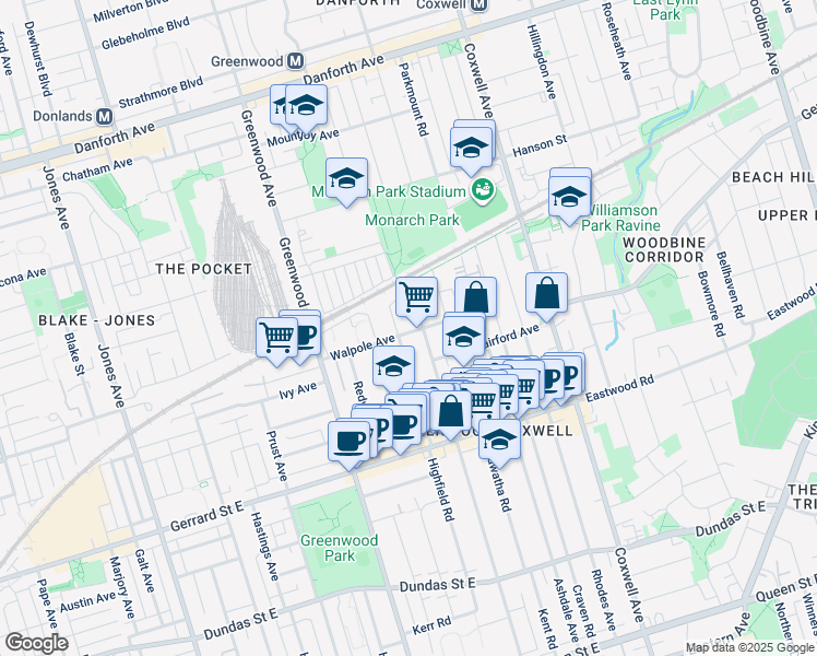 map of restaurants, bars, coffee shops, grocery stores, and more near 90 Walpole Avenue in Toronto
