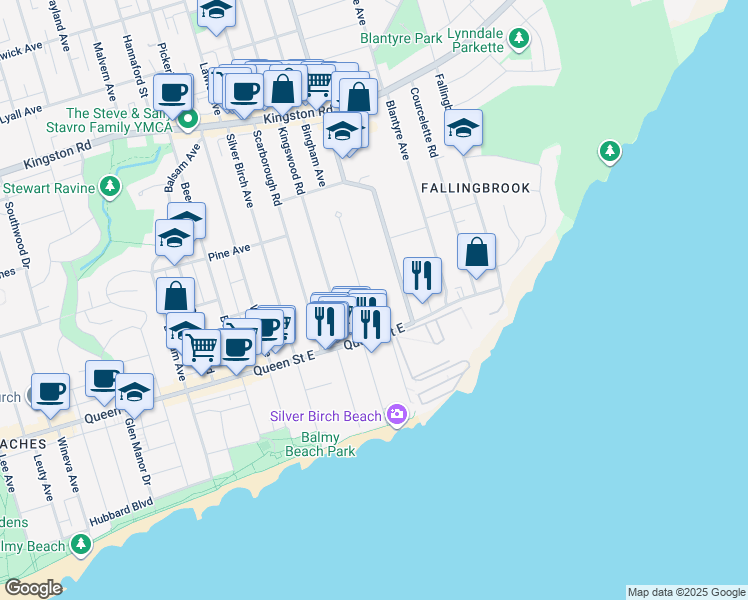 map of restaurants, bars, coffee shops, grocery stores, and more near 109 Neville Park Boulevard in Toronto