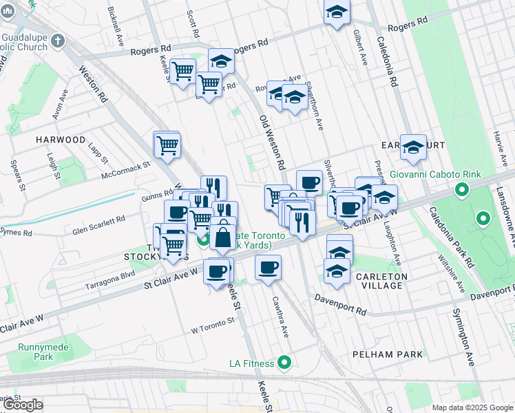 map of restaurants, bars, coffee shops, grocery stores, and more near in Toronto