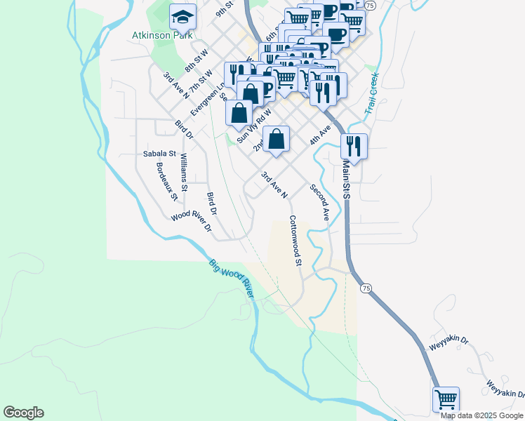 map of restaurants, bars, coffee shops, grocery stores, and more near 340 River Street West in Ketchum