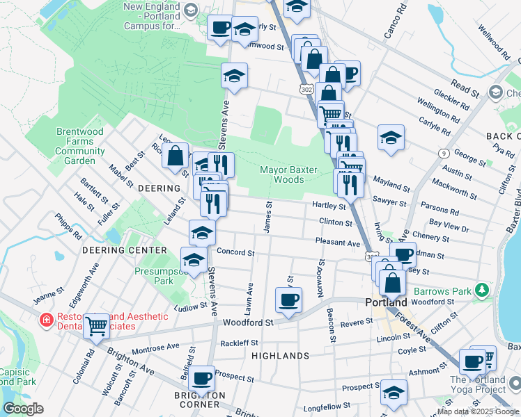 map of restaurants, bars, coffee shops, grocery stores, and more near 102 Hartley Street in Portland